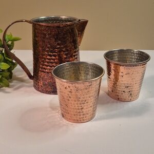 WILLIAMS SONOMA Hammered Copper Pitcher and Set of 2 Matching Tumblers